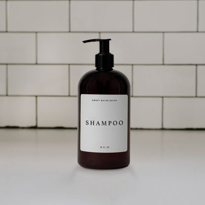16oz Amber Plastic Shampoo Dispenser - White Text Label