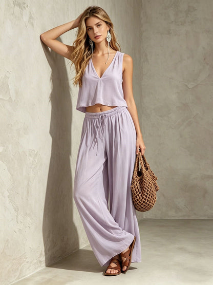 Women's V-Neck Sleeveless Camisole Top & Wide Leg Pants Set