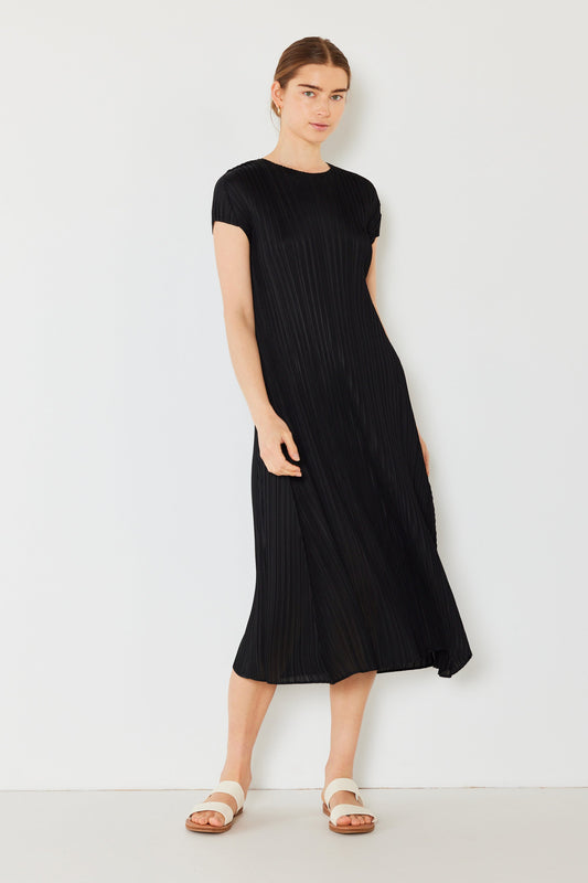 Marina West Pleated Cap Sleeve A-Line Midi Dress (D01CS) - Black