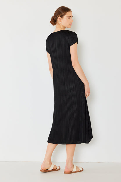 Marina West Pleated Cap Sleeve A-Line Midi Dress (D01CS) - Black