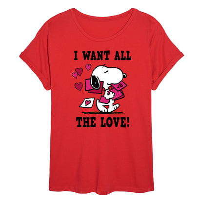 Peanuts - I Want All the Love! - Juniors Oversized Graphic T-Shirt