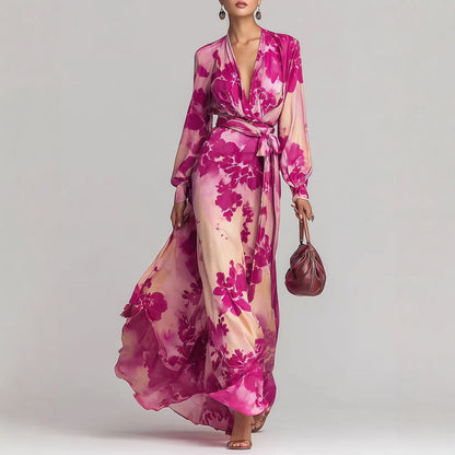 Women's Printed Chiffon Long Sleeve V-Neck Tie-Up Maxi Dress — Floral Fairy Dress