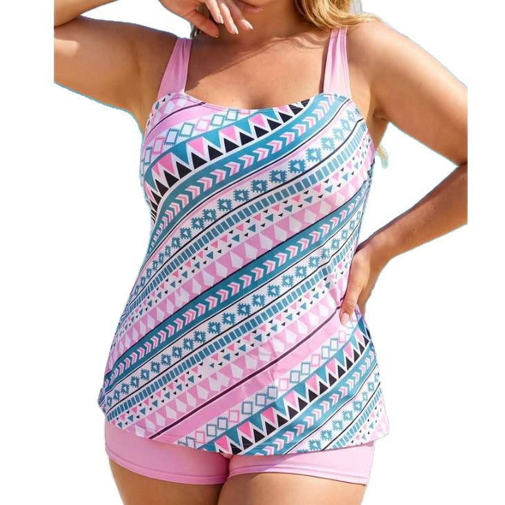 Tankini Flat Angle Swimsuit Set With Suspender Print