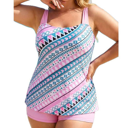 Tankini Flat Angle Swimsuit Set With Suspender Print