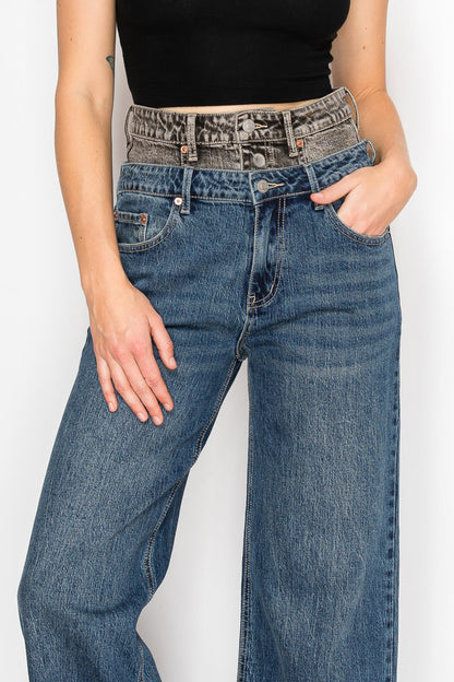 Double Snap On Waistband Layered Ultra High Rise Wide Jeans