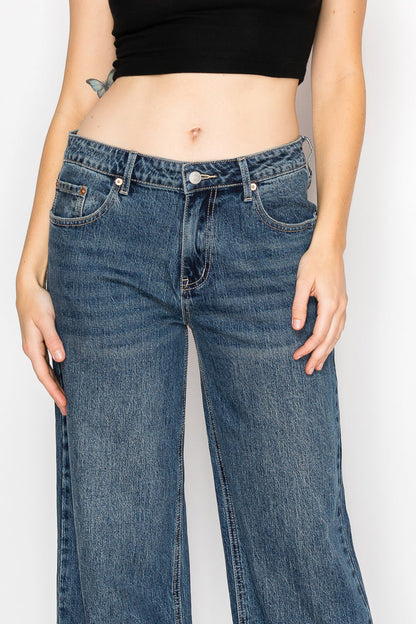 Double Snap On Waistband Layered Ultra High Rise Wide Jeans
