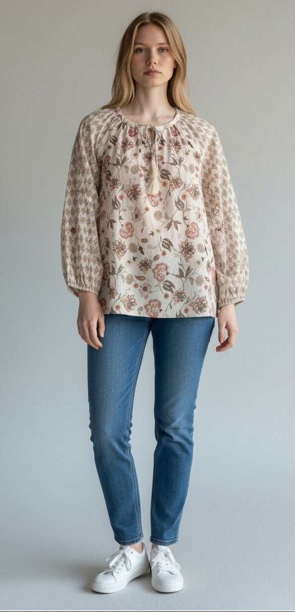 [161655-690] Womens Lucky Brand Notch Neck Blouse - Pink Multi