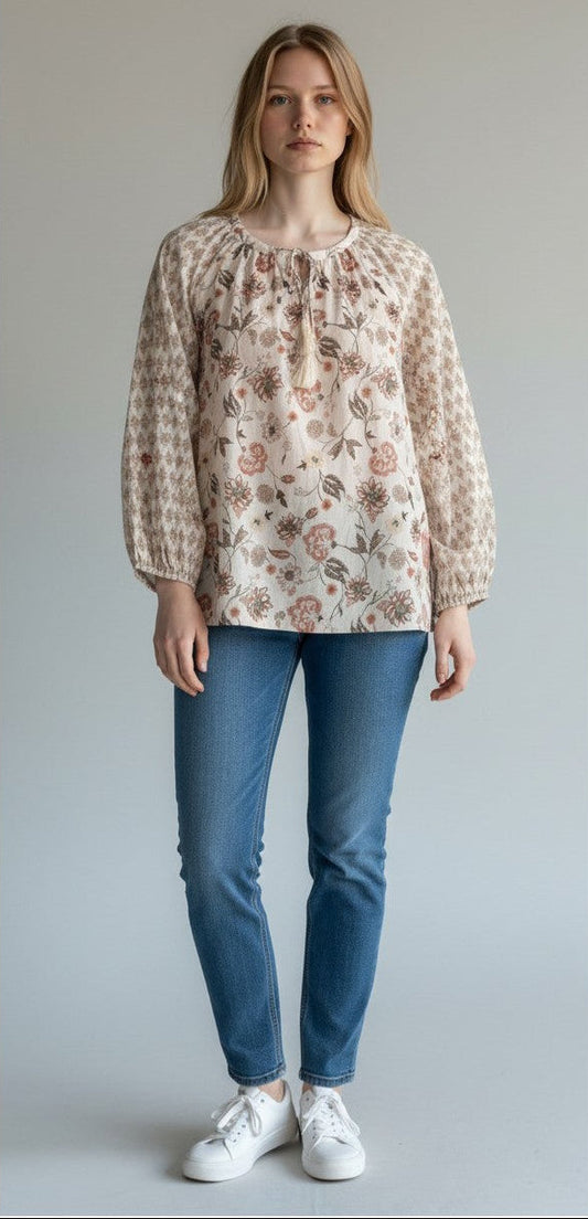[161655-690] Womens Lucky Brand Notch Neck Blouse - Pink Multi
