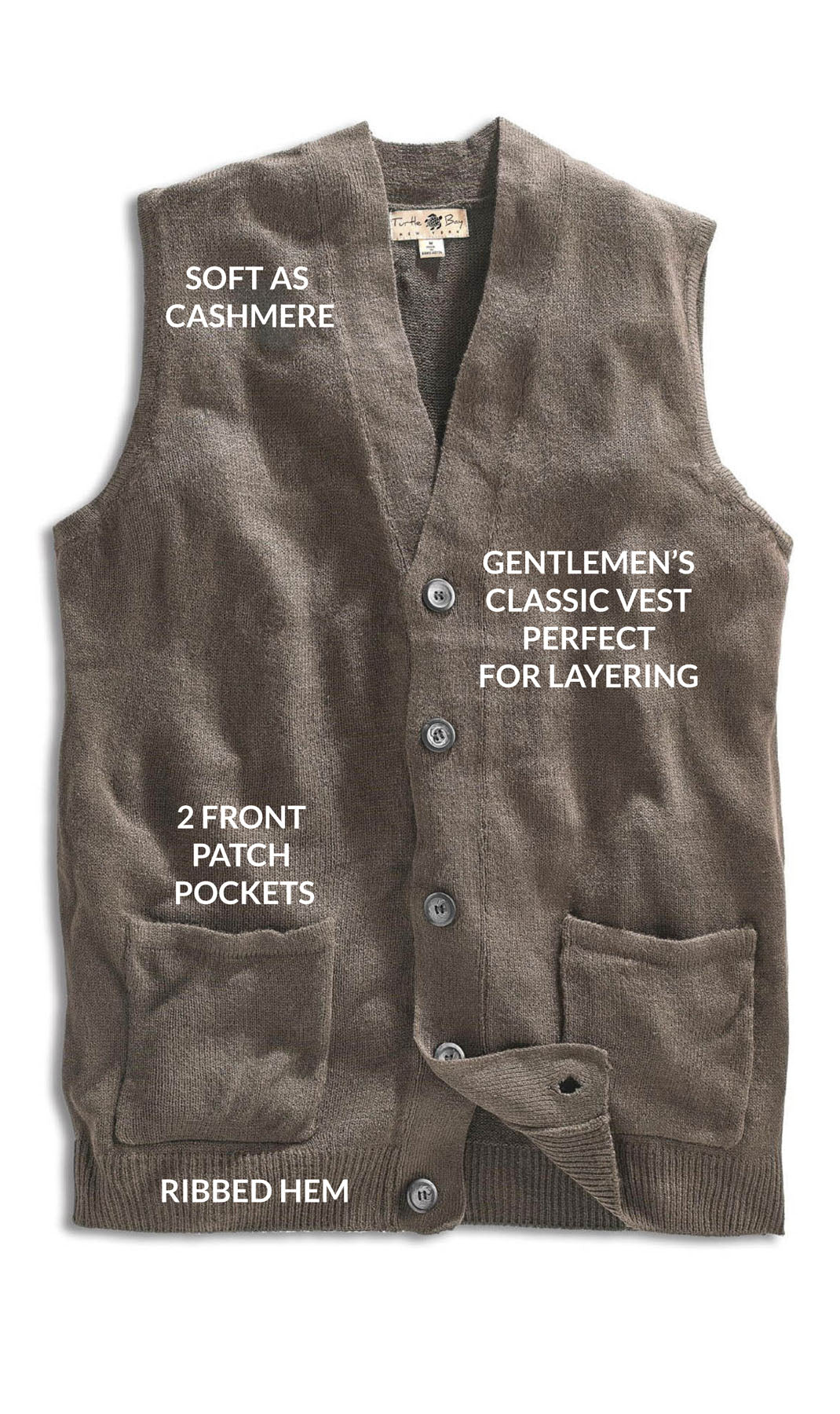 Men's Cashmere-Like Button Front Flat Knit Sweater Vest with front patch pockets