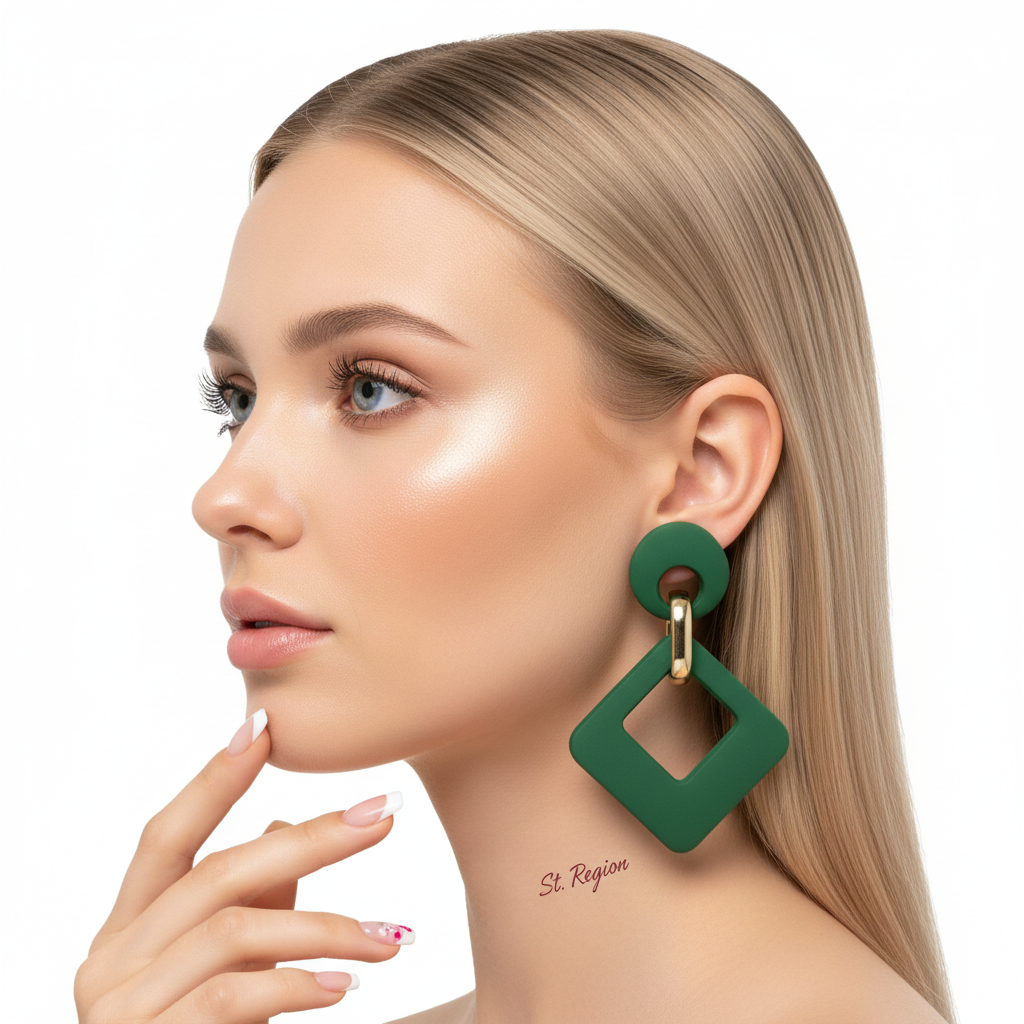 Dark Green Enamel & Goldtone Open Rhombus Drop Earrings