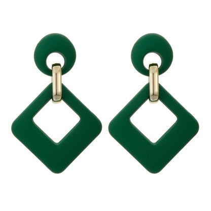 Dark Green Enamel & Goldtone Open Rhombus Drop Earrings