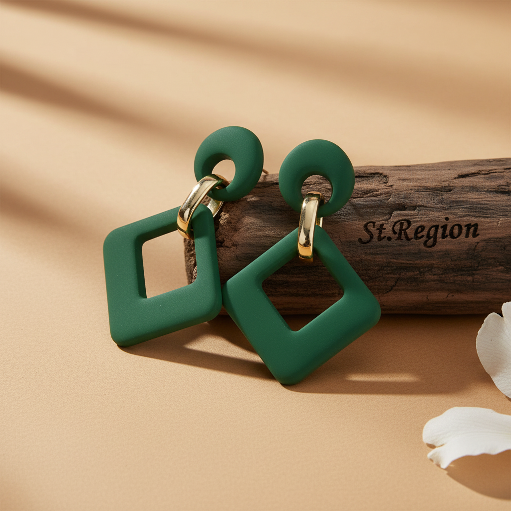 Dark Green Enamel & Goldtone Open Rhombus Drop Earrings