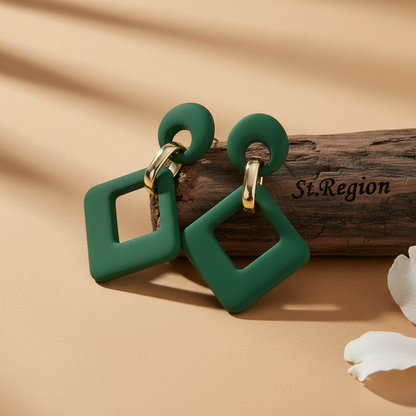 Dark Green Enamel & Goldtone Open Rhombus Drop Earrings
