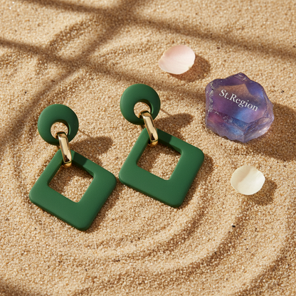 Dark Green Enamel & Goldtone Open Rhombus Drop Earrings