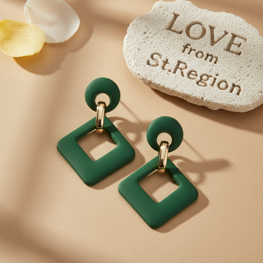 Dark Green Enamel & Goldtone Open Rhombus Drop Earrings
