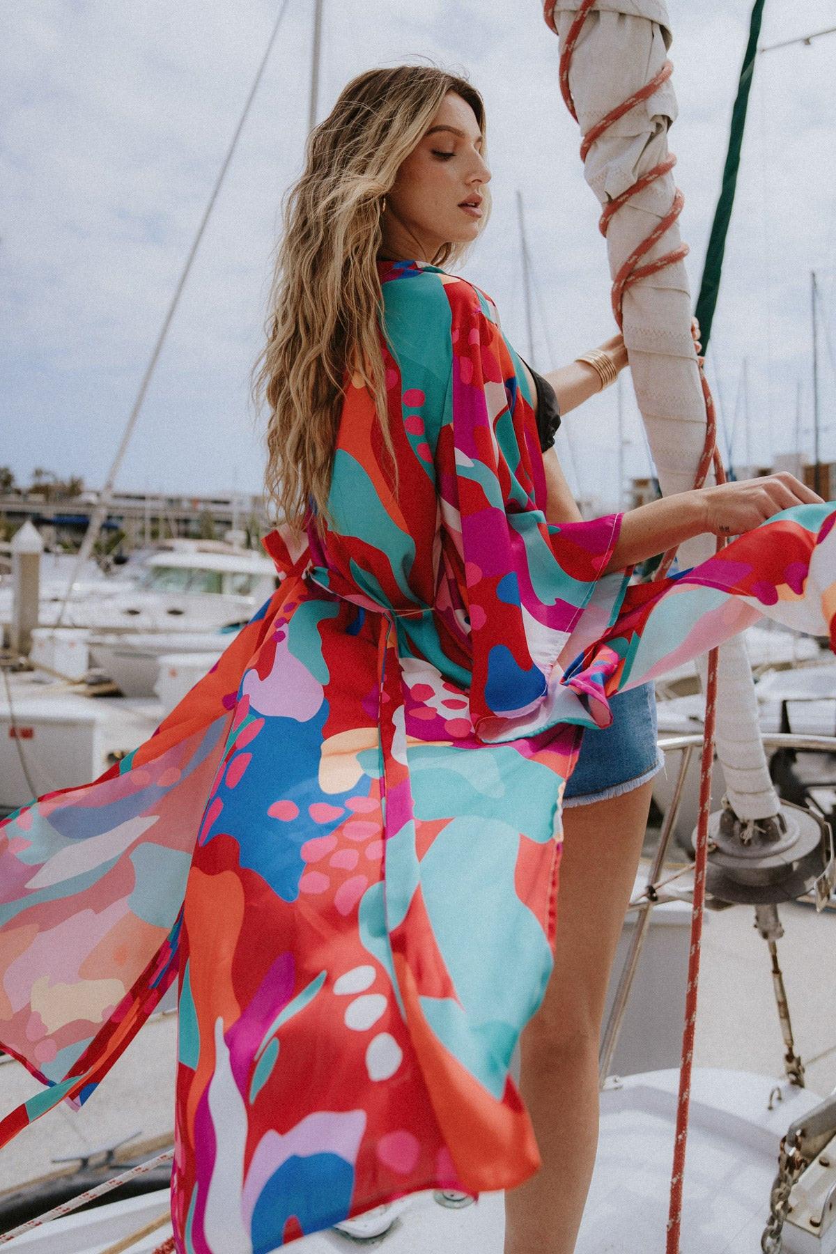 Cancun Getaway Satin Midi Kimono
