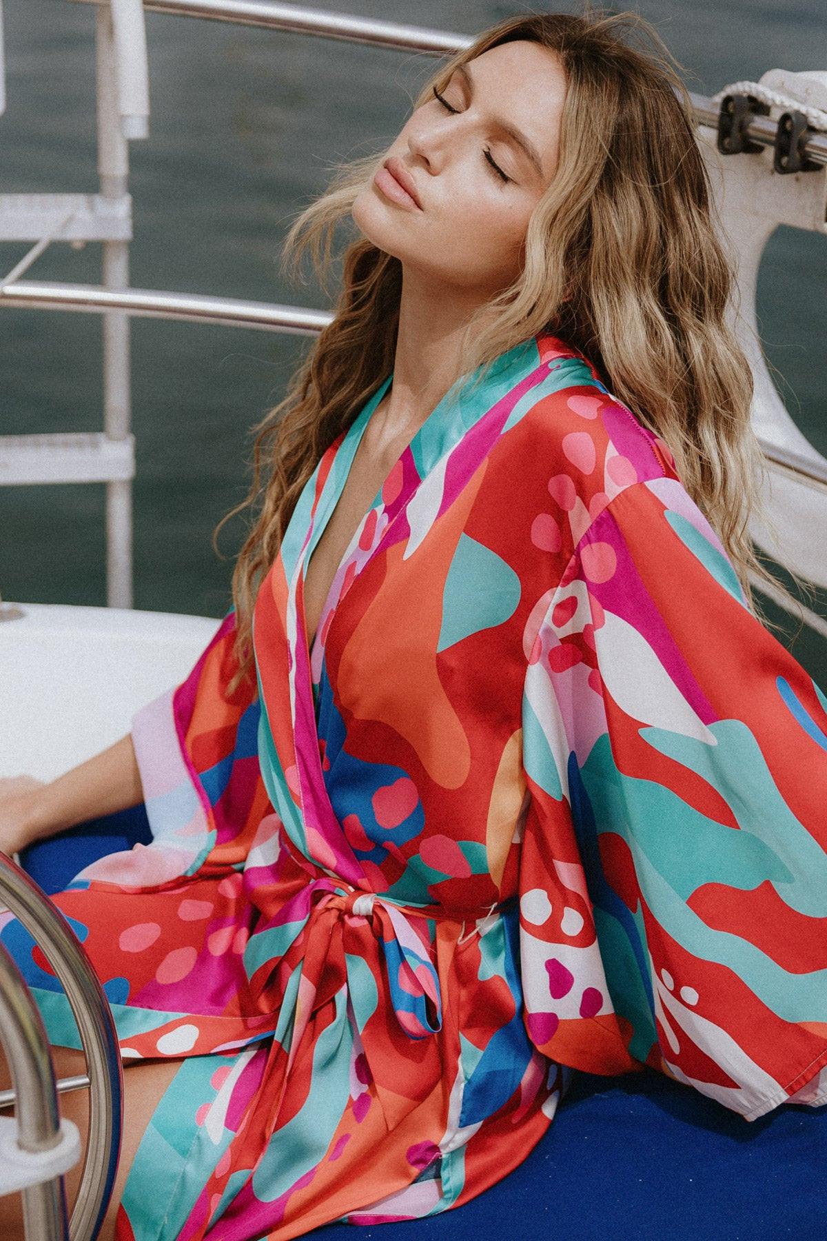 Cancun Getaway Satin Midi Kimono