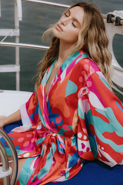Cancun Getaway Satin Midi Kimono