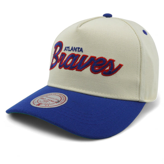 Men's Mitchell & Ness MLB Hat Trick Script Pro Pinch Snapback Coop Braves - Cream