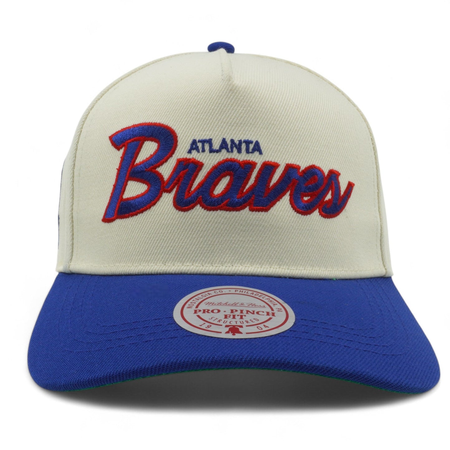 Men's Mitchell & Ness MLB Hat Trick Script Pro Pinch Snapback Coop Braves - Cream
