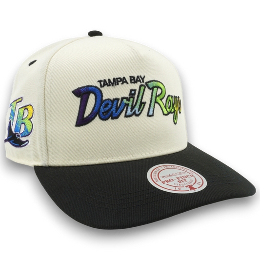 Men's Mitchell & Ness MLB Hat Trick Script Pro Pinch Snapback Coop Rays - Cream