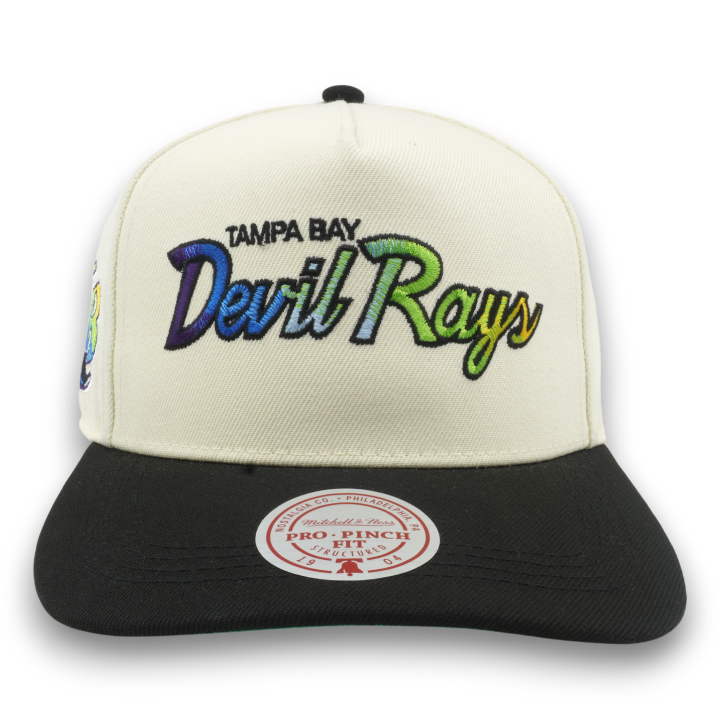 Men's Mitchell & Ness MLB Hat Trick Script Pro Pinch Snapback Coop Rays - Cream