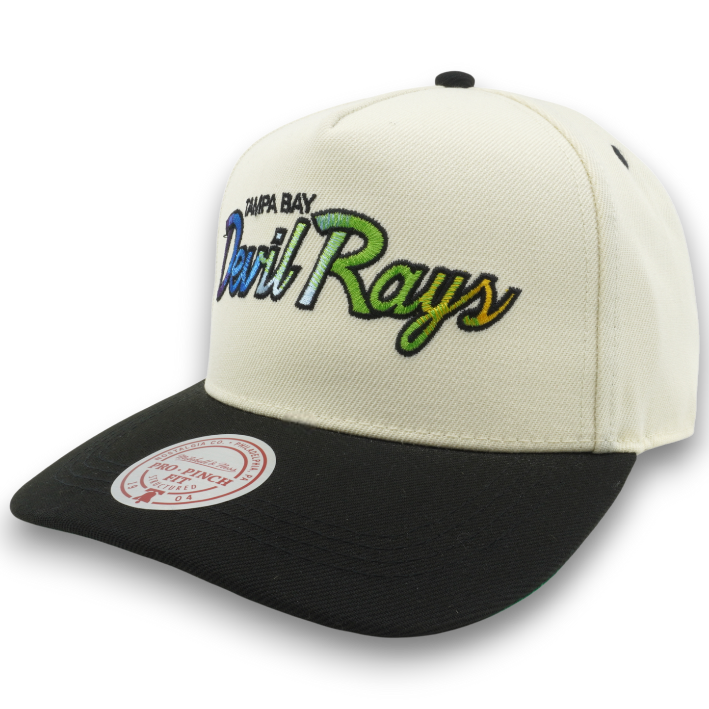 Men's Mitchell & Ness MLB Hat Trick Script Pro Pinch Snapback Coop Rays - Cream