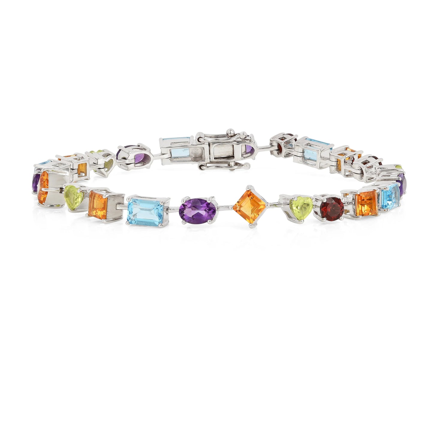 Multi-Shape Multicolor Gemstones Prong Sterling Silver Tennis Bracelet