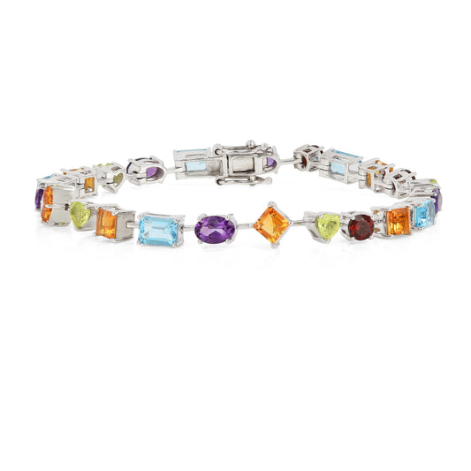 Multi-Shape Multicolor Gemstones Prong Sterling Silver Tennis Bracelet