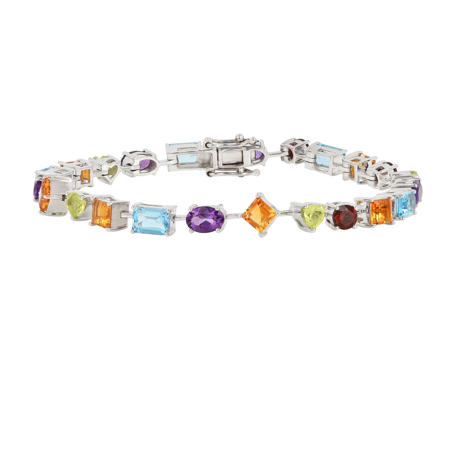 Multi-Shape Multicolor Gemstones Prong Sterling Silver Tennis Bracelet