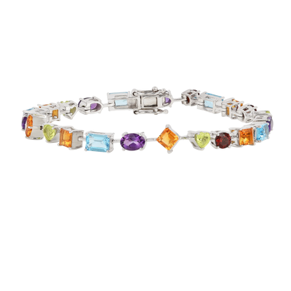Multi-Shape Multicolor Gemstones Prong Sterling Silver Tennis Bracelet