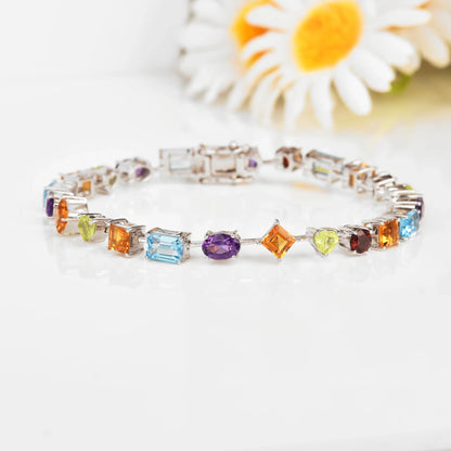 Multi-Shape Multicolor Gemstones Prong Sterling Silver Tennis Bracelet