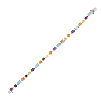 Multi-Shape Multicolor Gemstones Prong Sterling Silver Tennis Bracelet