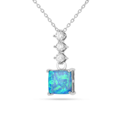 Lab Grown Princess Cut Blue Opal Pendant Necklace