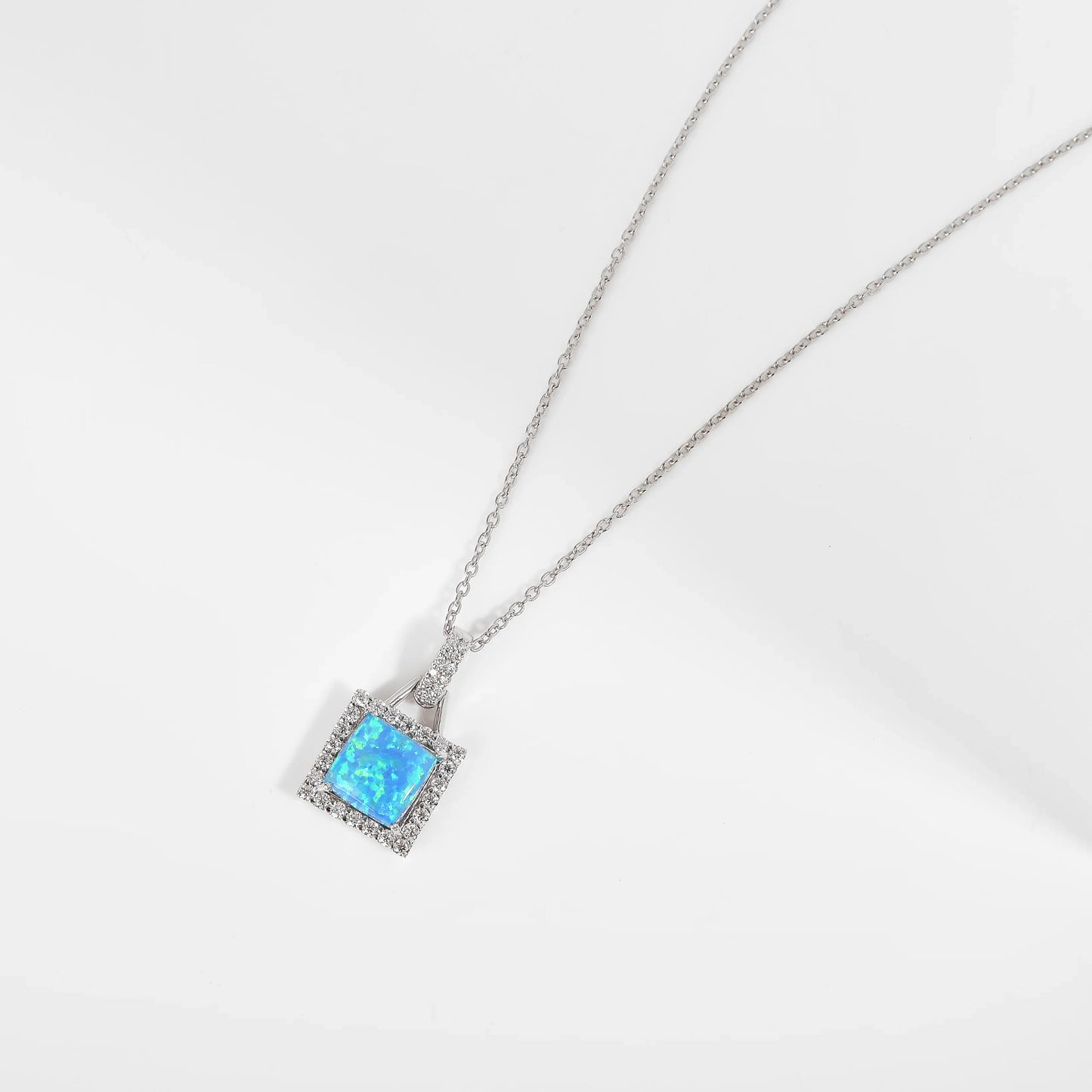 Lab Grown Blue Opal Halo Pendant Necklace