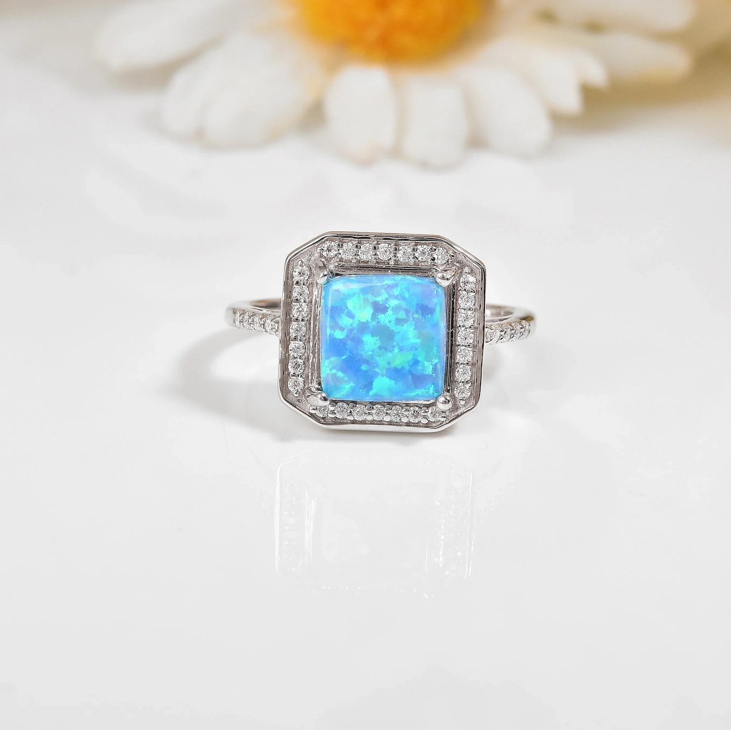 Lab Created Blue Opal Halo Ring
