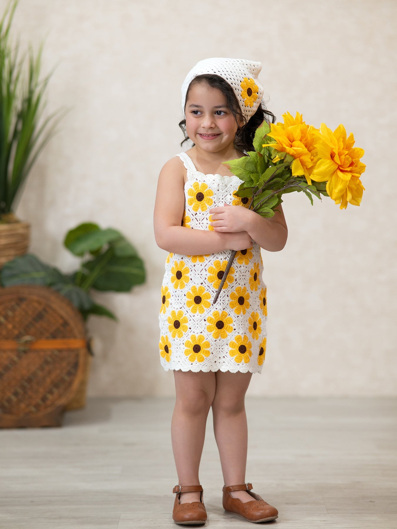 crochet sunflower dress Summer Crochet Sunflower Girl Dress with Headscarf 2