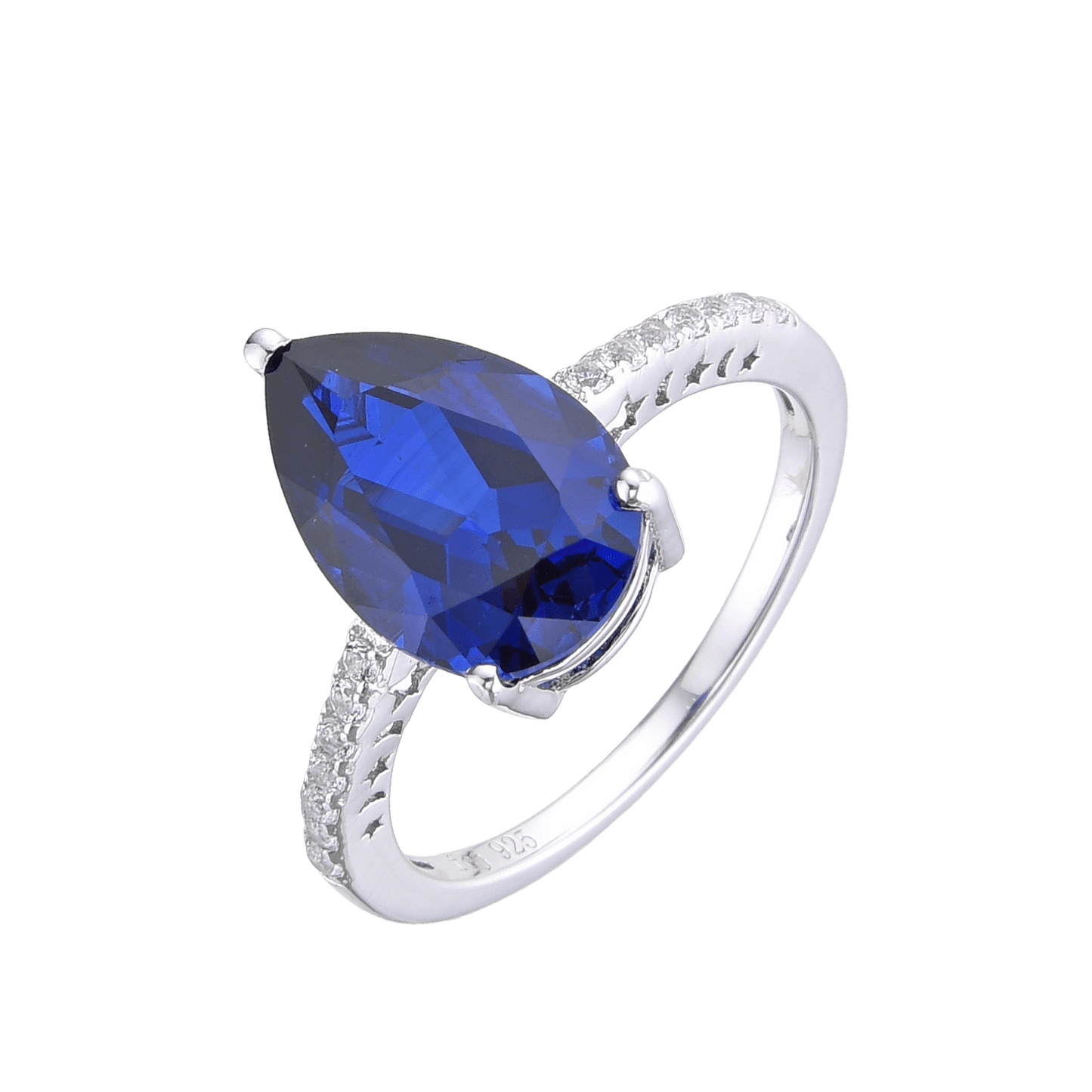 3.50 Ct Pear Lab Created Blue Sapphire Prong Silver Cocktail Pave-set Ring