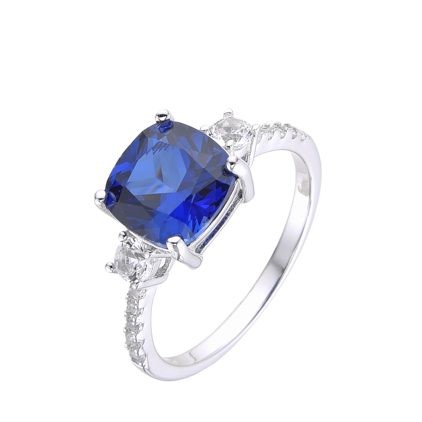 3.00 Ct Cushion Lab Created Blue Sapphire Prong Silver Three Stone Ring