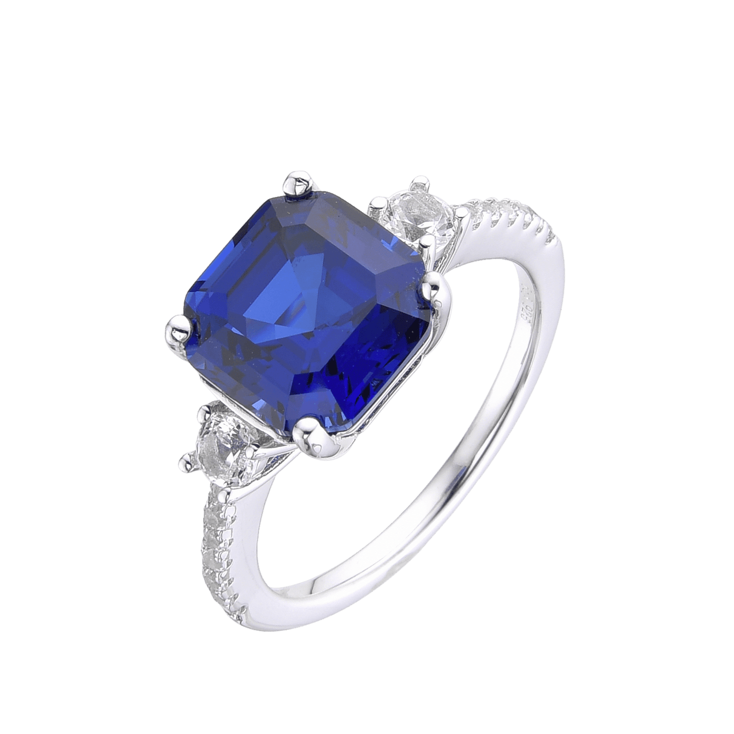 3.60 Ct Asscher Lab Created Blue Sapphire Prong Silver Three Stone Ring