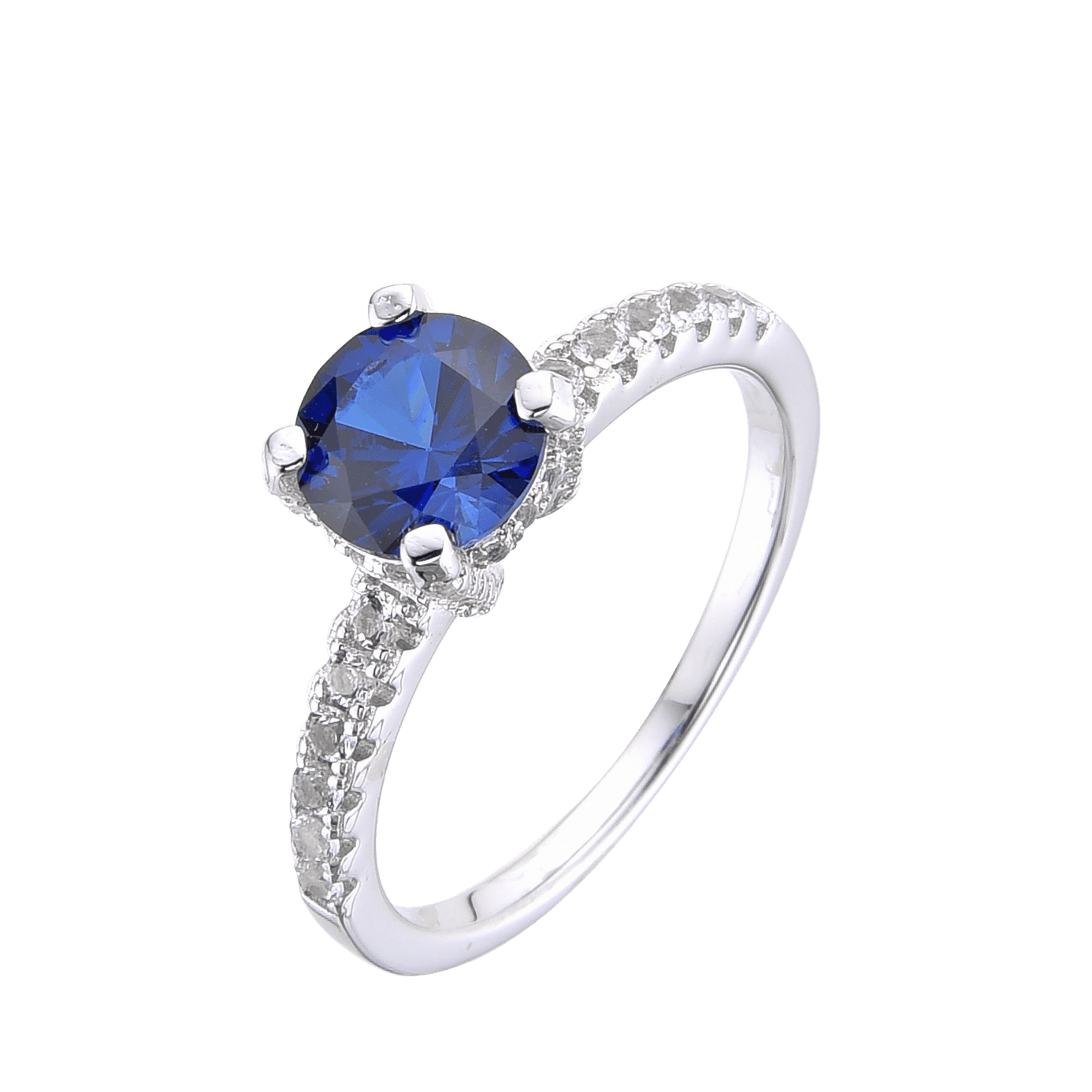 2.00 Ct Round Lab Created Blue Sapphire Prong Silver Pave-set Ring