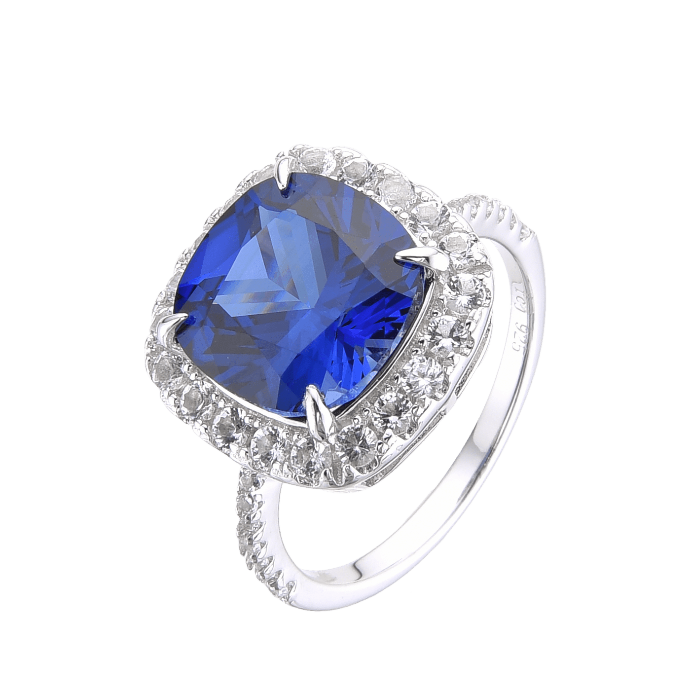 4.00 Ct Cushion Lab-Grown Ceylon Blue Sapphire Prong Silver Halo Statement Ring