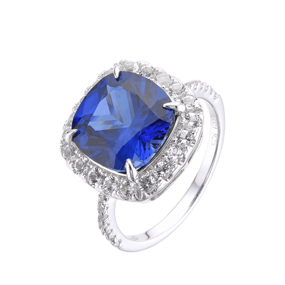 4.00 Ct Cushion Lab-Grown Ceylon Blue Sapphire Prong Silver Halo Statement Ring
