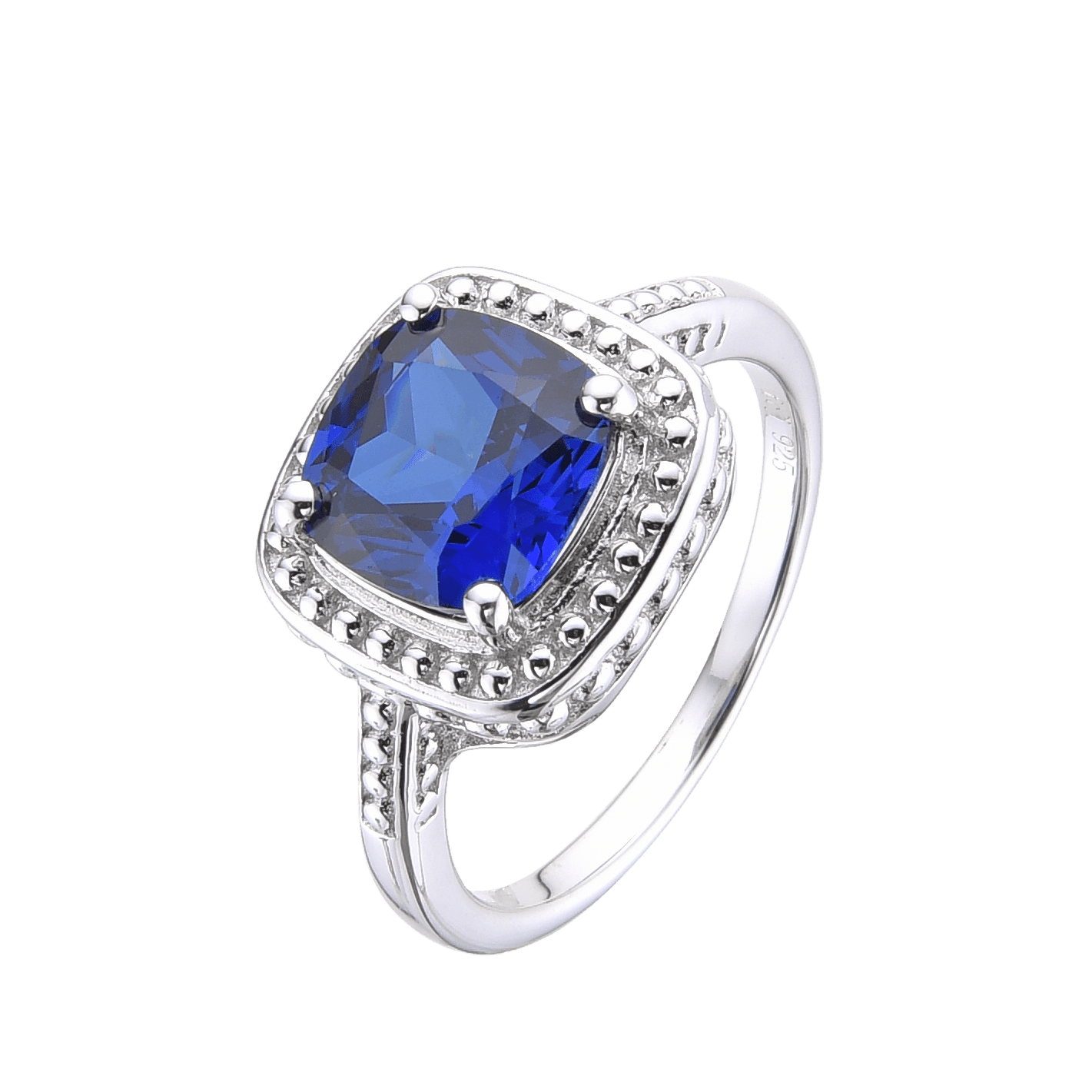 2.9 Ct Cushion Lab Created Blue Sapphire Prong Silver Halo Statement Ring