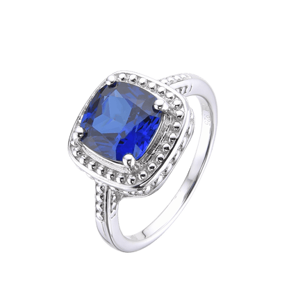 2.9 Ct Cushion Lab Created Blue Sapphire Prong Silver Halo Statement Ring