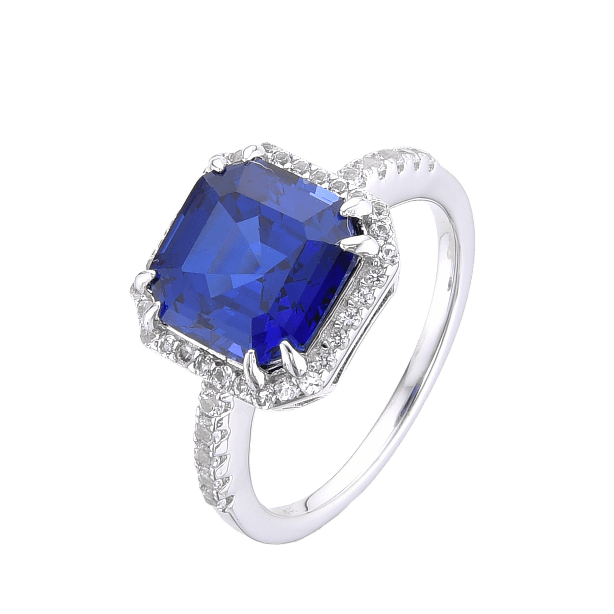 4.00 Ct Asscher Lab Created Blue Sapphire Prong Silver Halo Ring