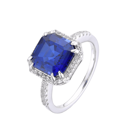 4.00 Ct Asscher Lab Created Blue Sapphire Prong Silver Halo Ring