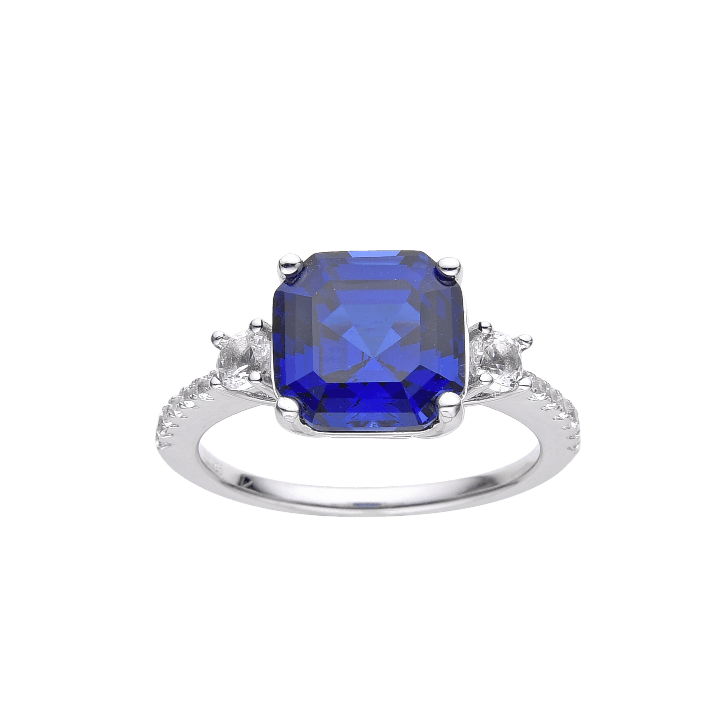 3.60 Ct Asscher Lab Created Blue Sapphire Prong Silver Three Stone Ring