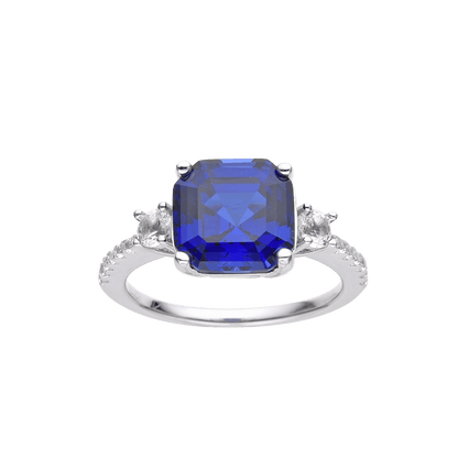 3.60 Ct Asscher Lab Created Blue Sapphire Prong Silver Three Stone Ring
