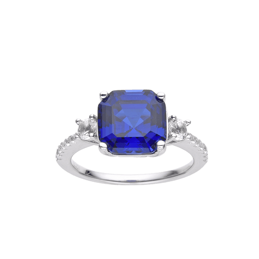 3.60 Ct Asscher Lab Created Blue Sapphire Prong Silver Three Stone Ring